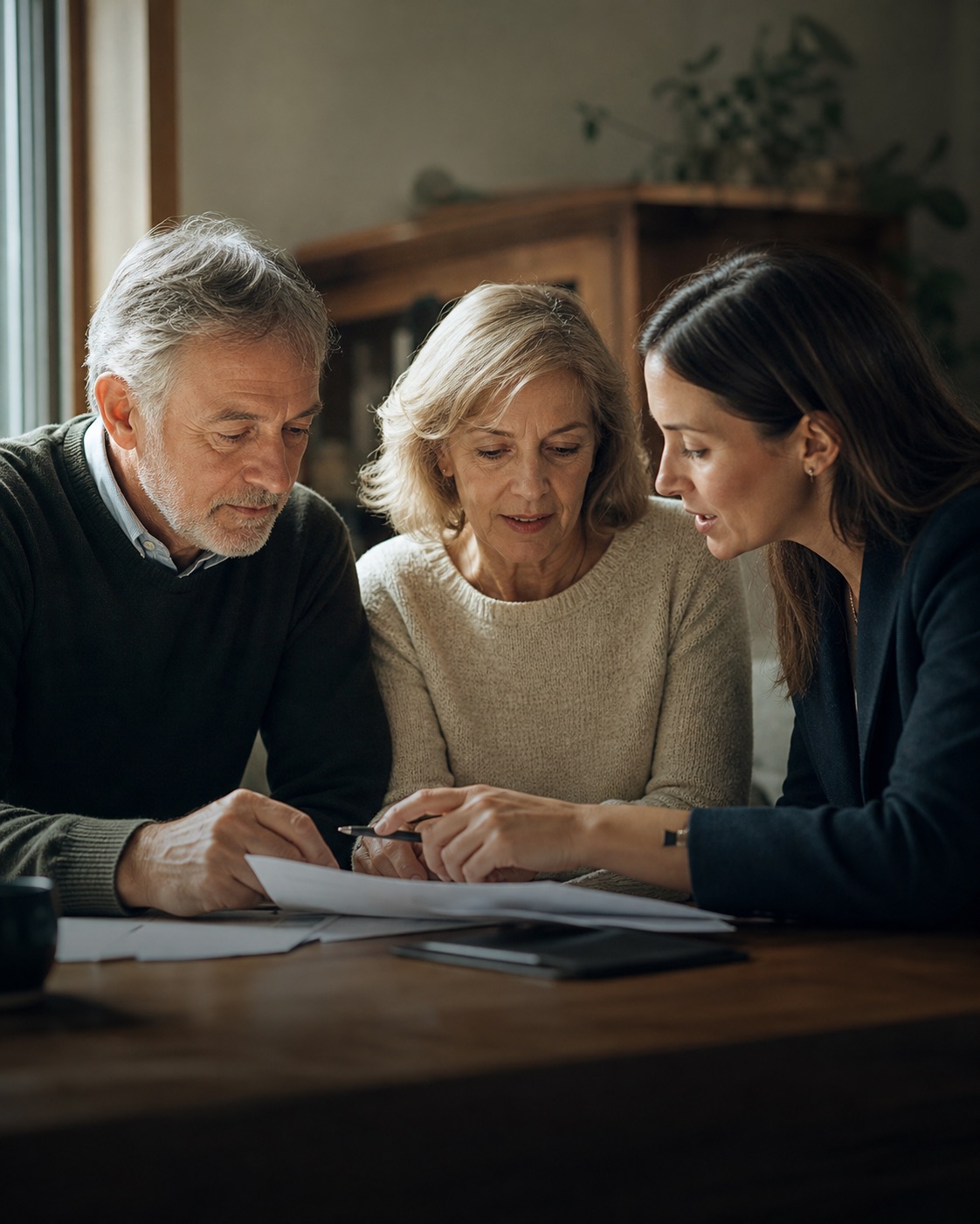 Familia revisando documentación junto a una asesora