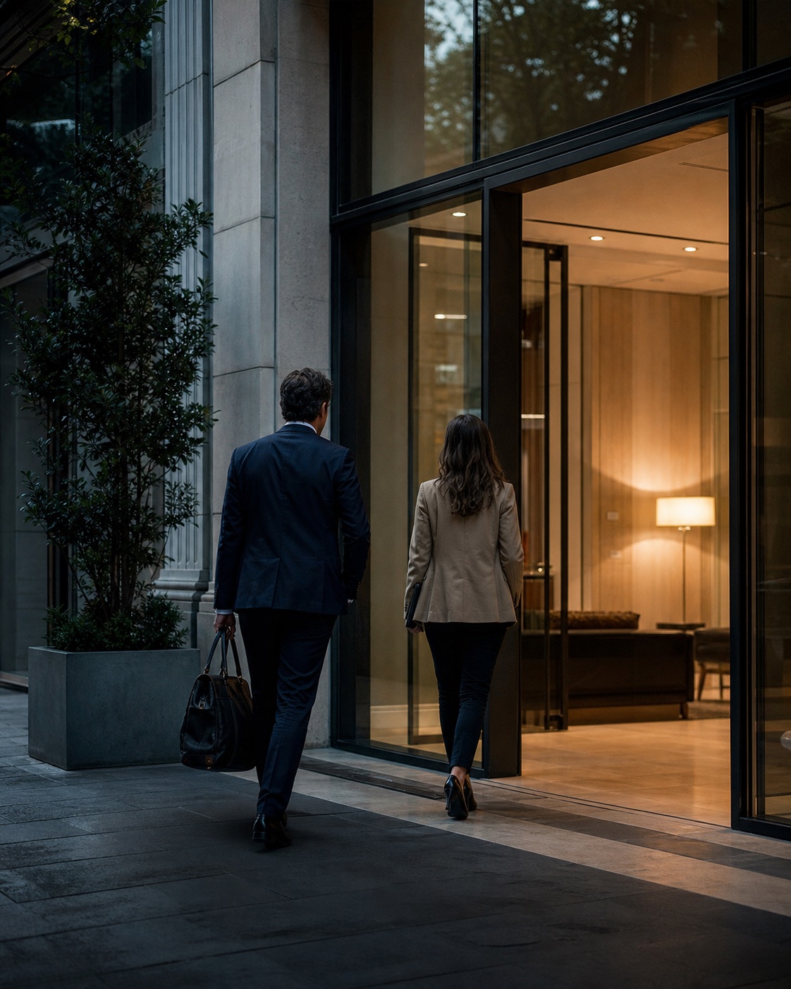 Profesionales ingresando a un edificio urbano contemporáneo